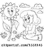 Poster, Art Print Of Lineart Girl By A Sunflower