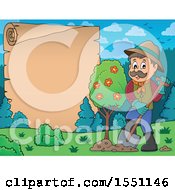 Clipart Of A Happy Farmer Planting A Tree With A Scroll Royalty Free Vector Illustration