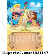 Poster, Art Print Of Group Of Happy Children Making A Sand Castle On A Beach With A Scroll