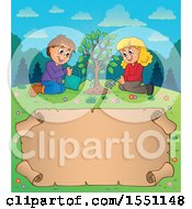 Poster, Art Print Of Girl And Boy Planting A Tree Over A Parchment Scroll