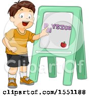 Clipart Of A School Boy Spelling Physics On A Board Royalty Free Vector Illustration
