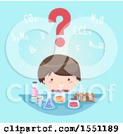 Poster, Art Print Of Boy With A Question Mark Over His Head Looking At Science Containers