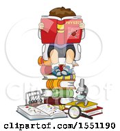 Boy Sitting On A Stack Of Books And Reading Anouy Physics