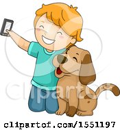 Boy Kneeling To Take A Selfie With His Dog