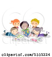 Clipart Of A Group Of Children Studying And Coloring A Globe On The Floor Royalty Free Vector Illustration