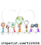 Clipart Of Hands Of Children Holding Up Geography Elements Royalty Free Vector Illustration