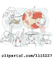 Clipart Of A Sketched Group Of School Children And A Teacher Studying Geography Royalty Free Vector Illustration