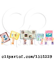 Clipart Of Hands Of Children Holding Up Geography Books Under Text Space Royalty Free Vector Illustration