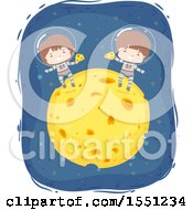 Clipart Of Boy Astronauts Eating On Top Of A Cheese Moon Royalty Free Vector Illustration