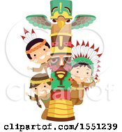 Group Of Native American Indian Children With A Totem Pole