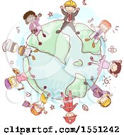 Poster, Art Print Of Group Of Children Wearing Uniforms Around A Globe