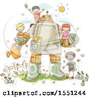 Poster, Art Print Of Group Of Children Gardening With A Robot