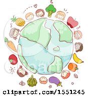 Poster, Art Print Of Group Of Children And Produce Around A Globe
