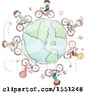 Poster, Art Print Of Group Of Children Riding Bicycles Around A Globe