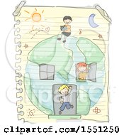 Poster, Art Print Of Group Of Children With A Earth House On Paper