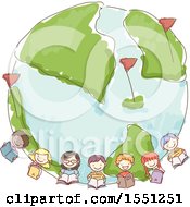 Poster, Art Print Of Sketched Group Of School Kids Holding Books Around Earth