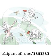 Poster, Art Print Of Sketched Children Playing With Paper Planes And Boats On Earth