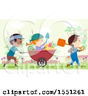 Clipart Of A Group Of Children With Tools In A Garden Royalty Free Vector Illustration