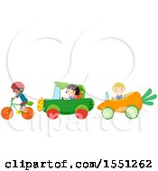 Poster, Art Print Of Group Of Children With Vegetable Cars And A Bike