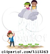 Poster, Art Print Of Group Of Children Moving A Rain Cloud Over A Garden
