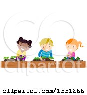 Poster, Art Print Of Group Of Children Placing Plant Markers A Garden