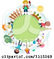 Clipart Of A Group Of Children On A Garden Globe Royalty Free Vector Illustration