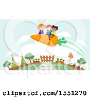 Poster, Art Print Of Group Of Children Flying On A Carrot Over A Garden