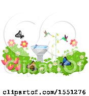Poster, Art Print Of Bird Bath In A Garden With Hummingbirds And Butterflies