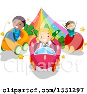 Poster, Art Print Of Group Of Children Driving Vegetable Cars On A Rainbow
