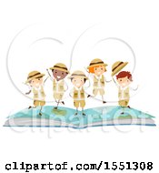 Poster, Art Print Of Group Of Children Explorers On Top Of An Open Book