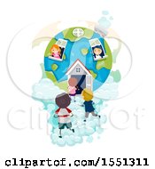 Clipart Of A Group Of Children At A Globe House Royalty Free Vector Illustration