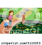 Poster, Art Print Of Mother And Son Feeding Fish In A Pond