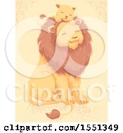 Clipart Of A Happy Father Lion And Cub On His Head Royalty Free Vector Illustration