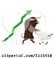 Bull Mascot Pushing A Shopping Cart With A Green Increase Stock Market Arrow