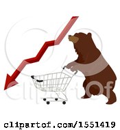 Poster, Art Print Of Bear Mascot Pushing A Shopping Cart With A Red Decline Stock Market Arrow