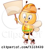 Poster, Art Print Of Worker Bee Mascot Wearing A Hardhat And Vest Holding Up A Blank Sign