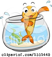 Happy Goldfish Mascot Waving From The Edge Of Its Bowl