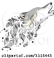 Clipart Of A Boho Styled Howling Wolf Head With Feathers Royalty Free Vector Illustration