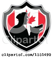 Clipart Of A Retro Silhouetted Security Guard And Dog In A Canadian Flag Shield Royalty Free Vector Illustration