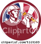 Poster, Art Print Of Retro Male Electrician Holding A Lightning Bolt In An American Flag Circle