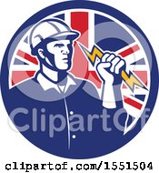 Clipart Of A Retro Male Electrician Holding A Lightning Bolt In A Union Jack Flag Circle Royalty Free Vector Illustration
