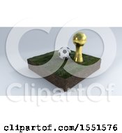 Clipart Of A 3d Soccer Ball Trophy Cup And Pitch On A Shaded Background Royalty Free Illustration