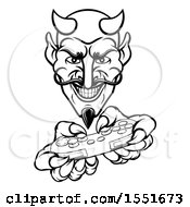 Clipart Of A Black And White Grinning Evil Devil Playing With A Video Game Controller Royalty Free Vector Illustration