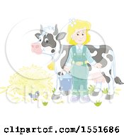 Blond Female Farmer Ready To Milk A Cow