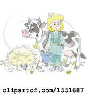 Blond White Female Farmer Ready To Milk A Cow
