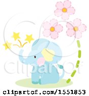 Clipart Of A Cute Blue Baby Elephant And Flowers Royalty Free Vector Illustration