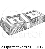 Clipart Of A Sketched Grayscale Bundle Of Cash Money Royalty Free Vector Illustration