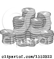 Clipart Of Sketched Grayscale Stacked Coins Royalty Free Vector Illustration
