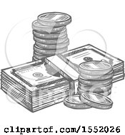 Clipart Of Sketched Grayscale Coins And Cash Money Royalty Free Vector Illustration