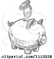 Poster, Art Print Of Sketched Grayscale Piggy Bank With Coins